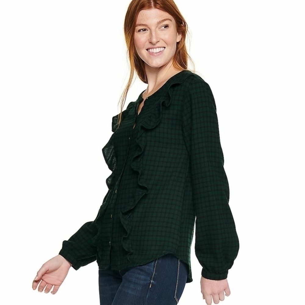 Sonoma Goods for Life Green Plaid Ruffled Button-Down Top Sz XL